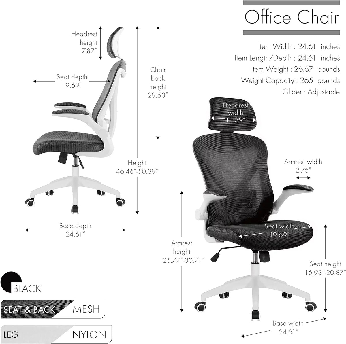 Office Chair with Headrest, Mesh Back, Armrests and Adjustable Seat with Wheels V42377