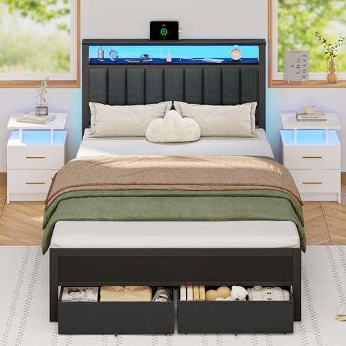 Grey Upholstered Twin Bed Frame with Charging Station and LED Lights A71132