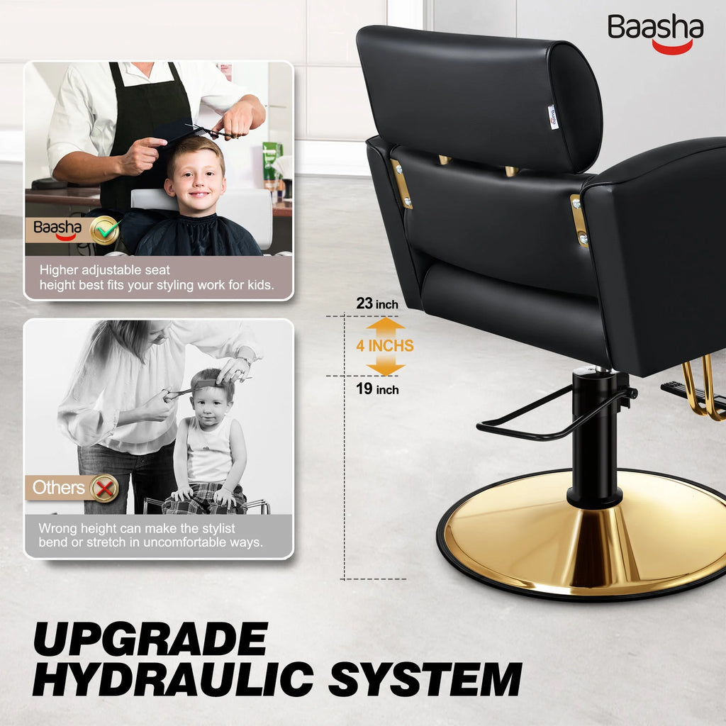 Gold Salon Chair with Black Leather Upholstery and Adjustable Height W6102