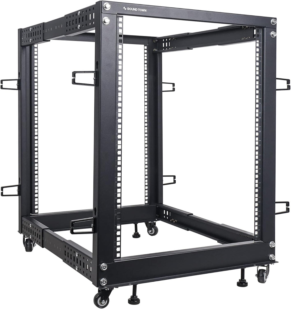 15U Open Frame Server and Network Equipment Rack with Adjustable Depth, Casters, Levelers, Cable Management L52122