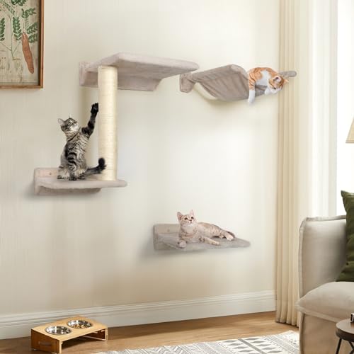 5 Pcs Wall-Mounted Cat Shelves with Sisal Scratcher Post B6875