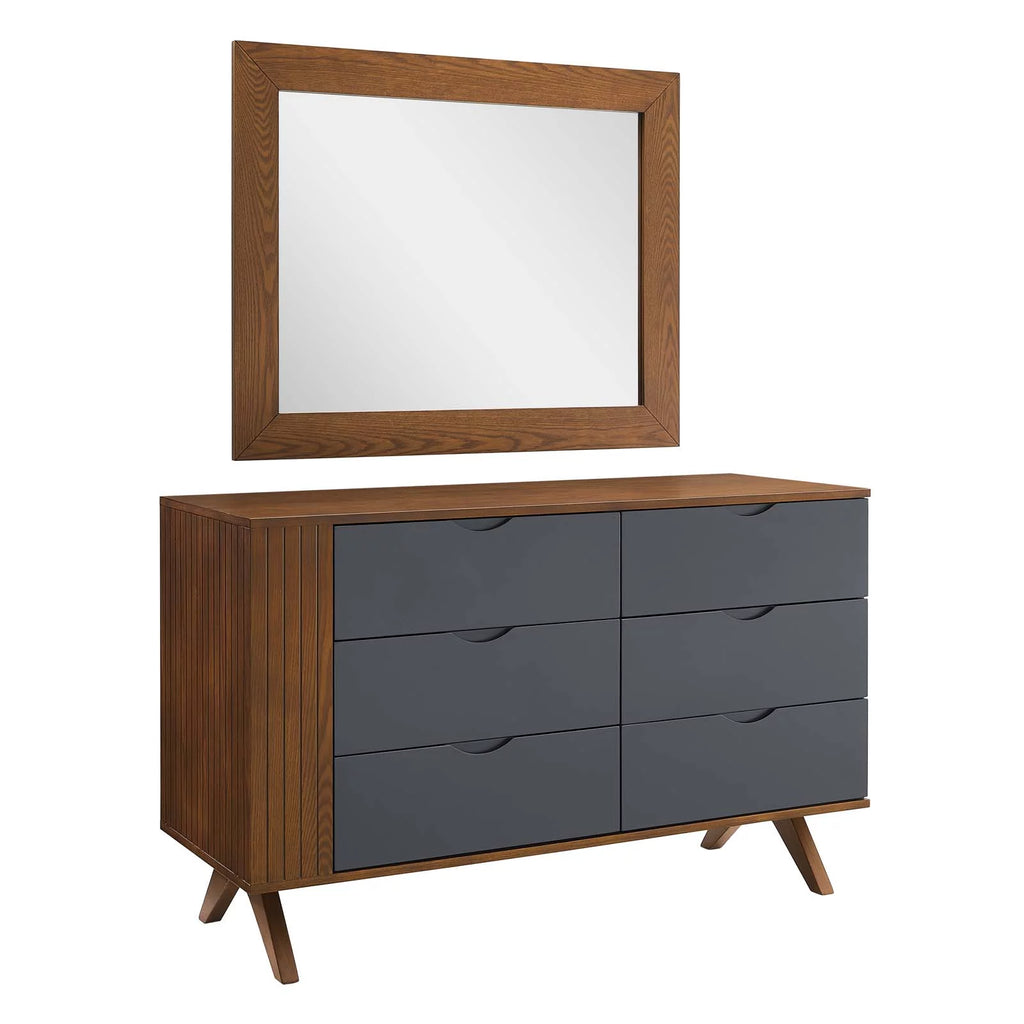 Walnut Wood Dresser Drawer Chest Mirror Set Y9901
