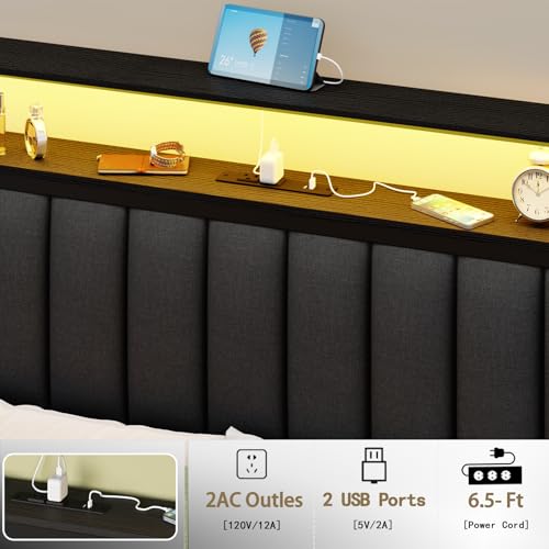 Grey Upholstered Twin Bed Frame with Charging Station and LED Lights A71132