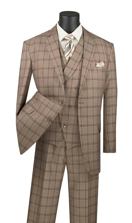 Khaki Regular Fit Windowpane Suit 3 Piece 40 Long 34 Waist Y11974