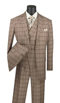 Khaki Regular Fit Windowpane Suit 3 Piece 40 Long 34 Waist Y11974