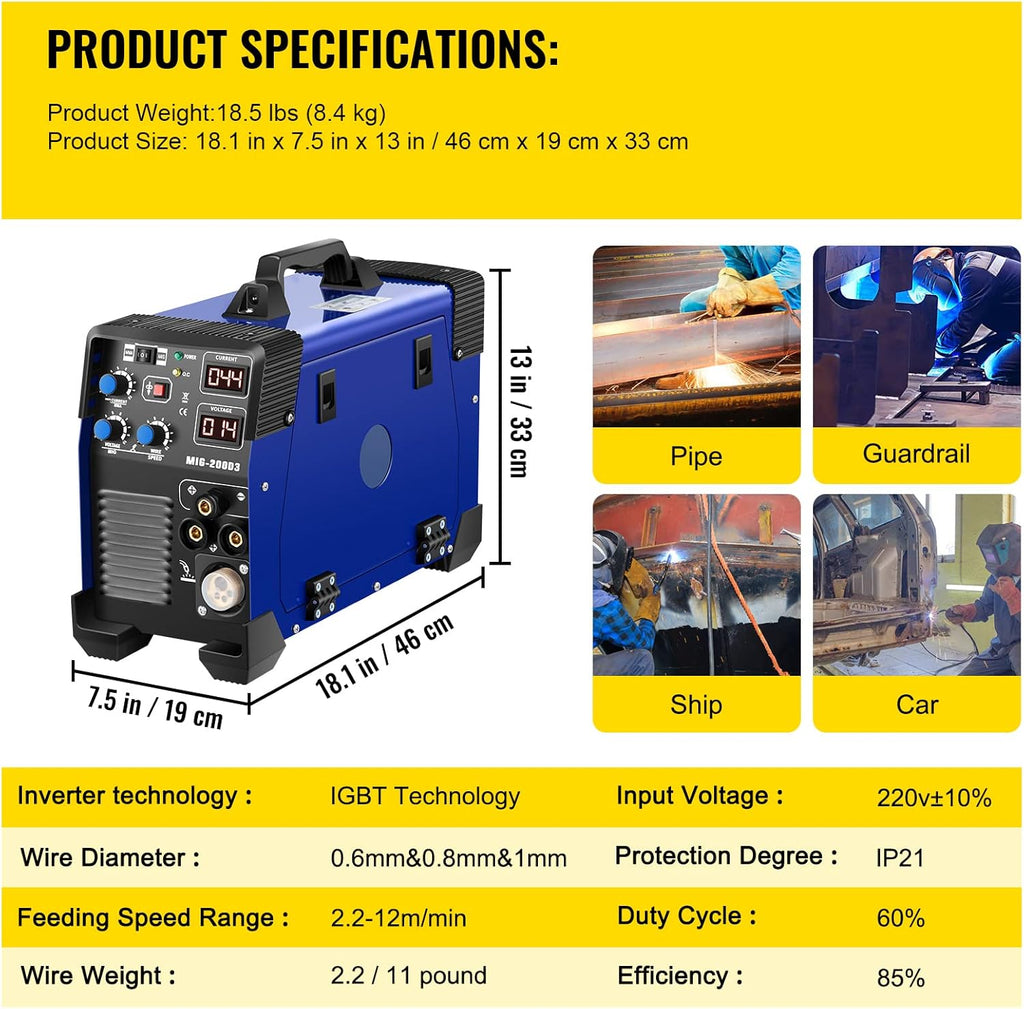 200 Amp 3 in 1 MIG TIG Arc Welding Machine with IGBT Inverter and Digital Display Z7512