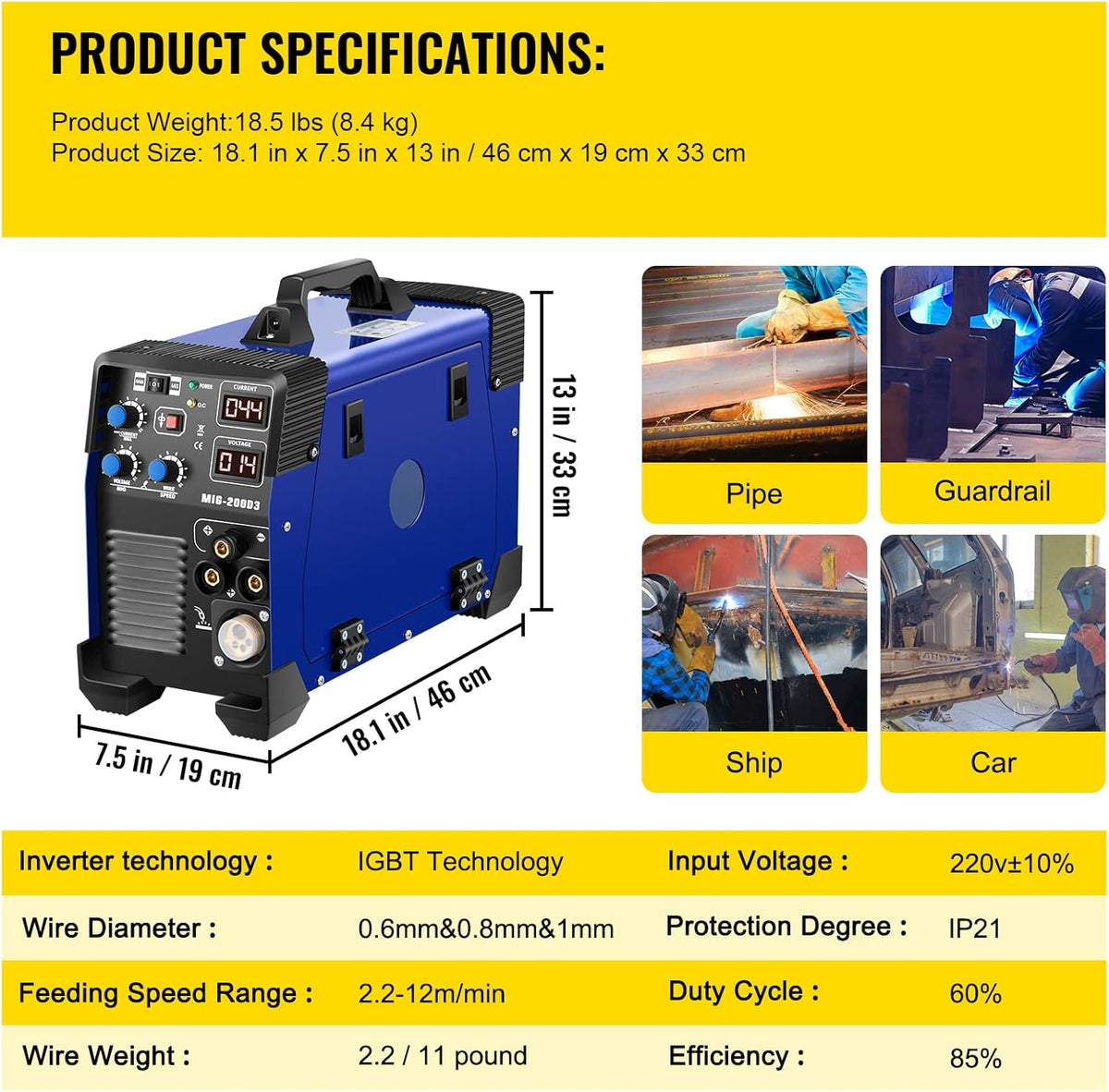 200 Amp 3 in 1 MIG TIG Arc Welding Machine with IGBT Inverter and Digital Display Z7512