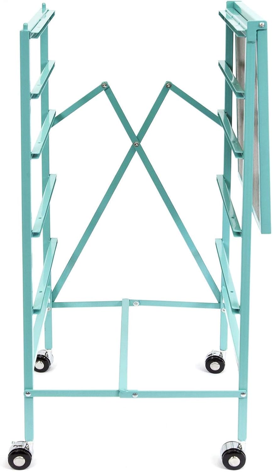 Turquoise Wheeled Folding Steel 5 Drawer Kitchen Cart Wood Top I93535