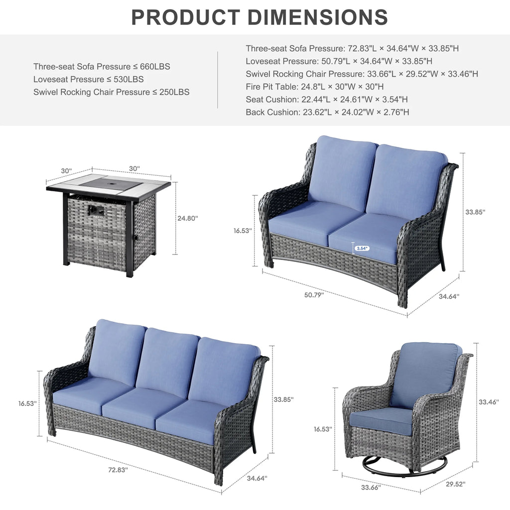 6 Pieces Outdoor Patio Furniture with Fire Pit Table Wicker Patio Sectional Sofa with Swivel Chairs A234857
