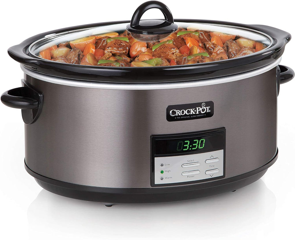 Large 8-Quart Programmable Slow Cooker with Auto Warm Setting, Black Stainless Steel B30153