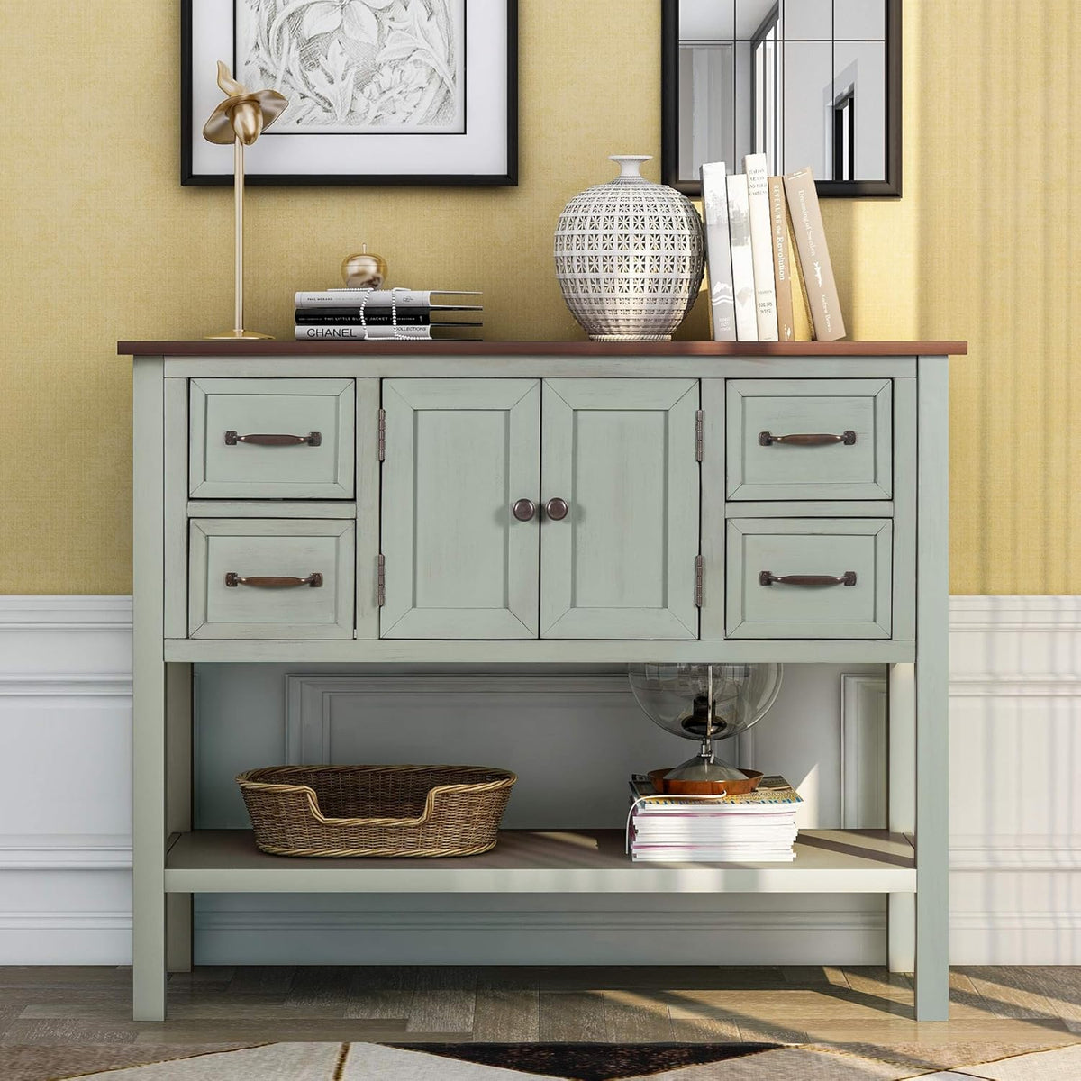 Light Green 6 Drawers Sideboard Cabinet with Bottom Shelf Q3650