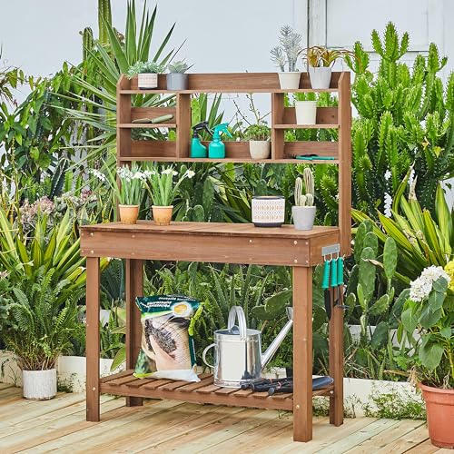 Brown Potting Bench Table with Storage Shelf E7409