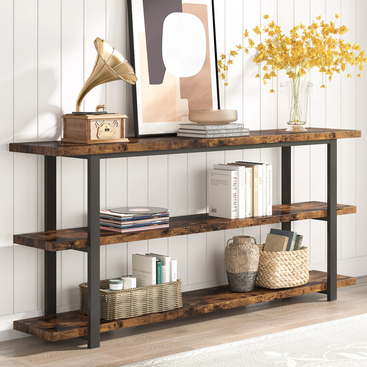 3-Tier Rustic Brown Console Table Shelving Unit M5926