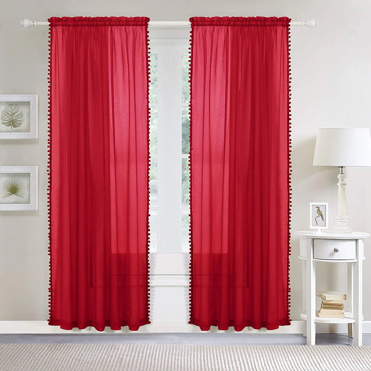 Semi-Sheer Curtains with Pom Pom Tassels 2 Piece Set 60 X 84 Red V521643