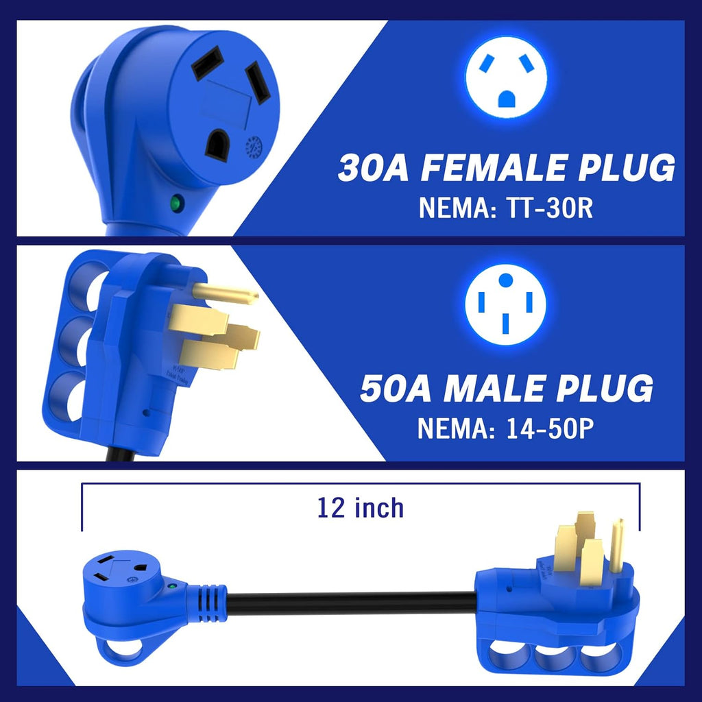 50 Amp to 30 Amp RV Adapter with Grip Handle, 12 Inch Pack of 2 W6238