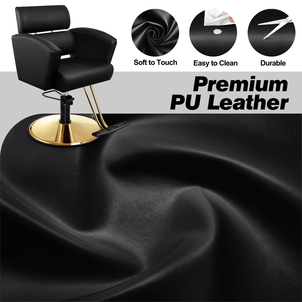 Gold Salon Chair with Black Leather Upholstery and Adjustable Height W6102
