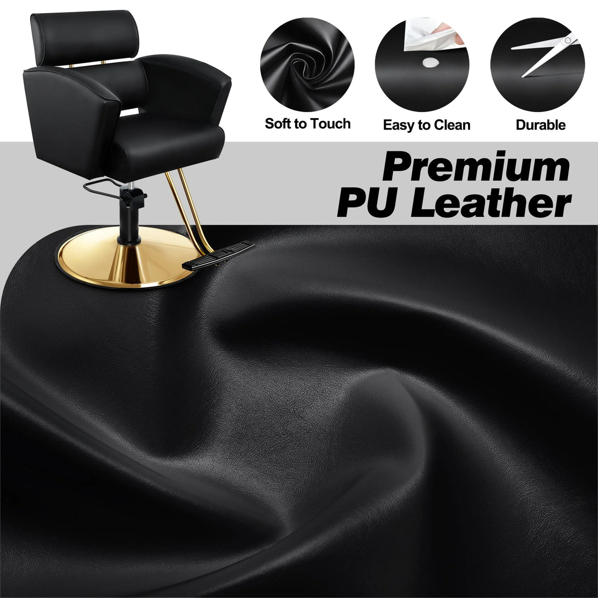 Gold Salon Chair with Black Leather Upholstery and Adjustable Height W6102