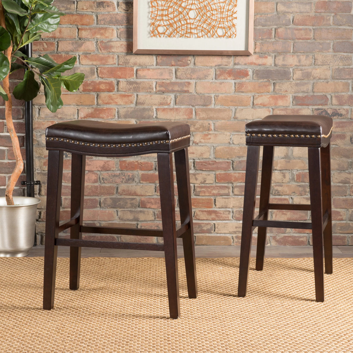 Brown Leather Saddle Stool Set of 2 W95724