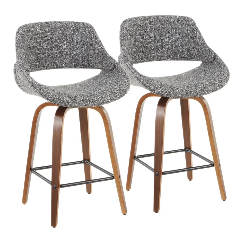 Mid-Century Modern Counter Stool in Walnut and Grey Noise Fabric - Set of 2 C81842