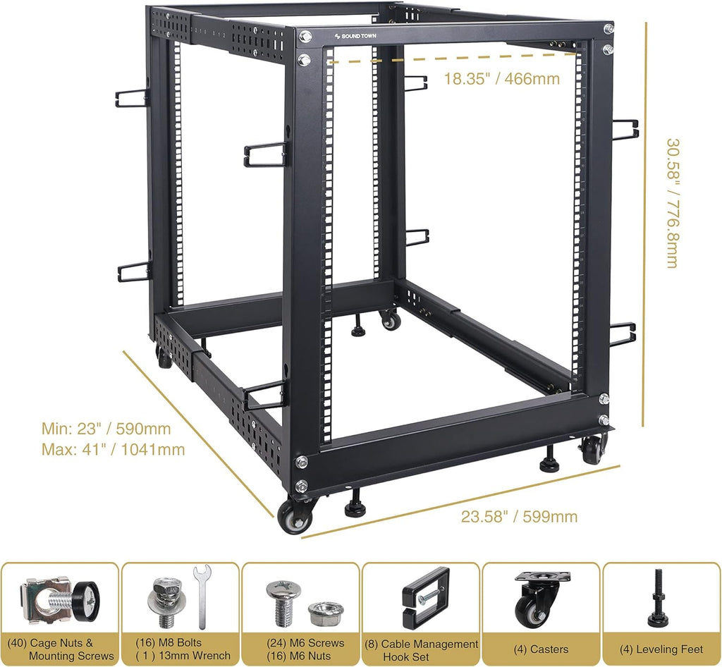 15U Open Frame Server and Network Equipment Rack with Adjustable Depth, Casters, Levelers, Cable Management L52122