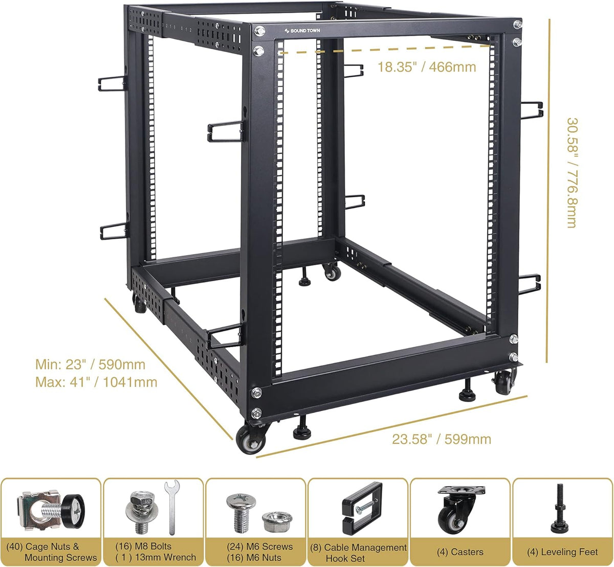 15U Open Frame Server and Network Equipment Rack with Adjustable Depth, Casters, Levelers, Cable Management L52122