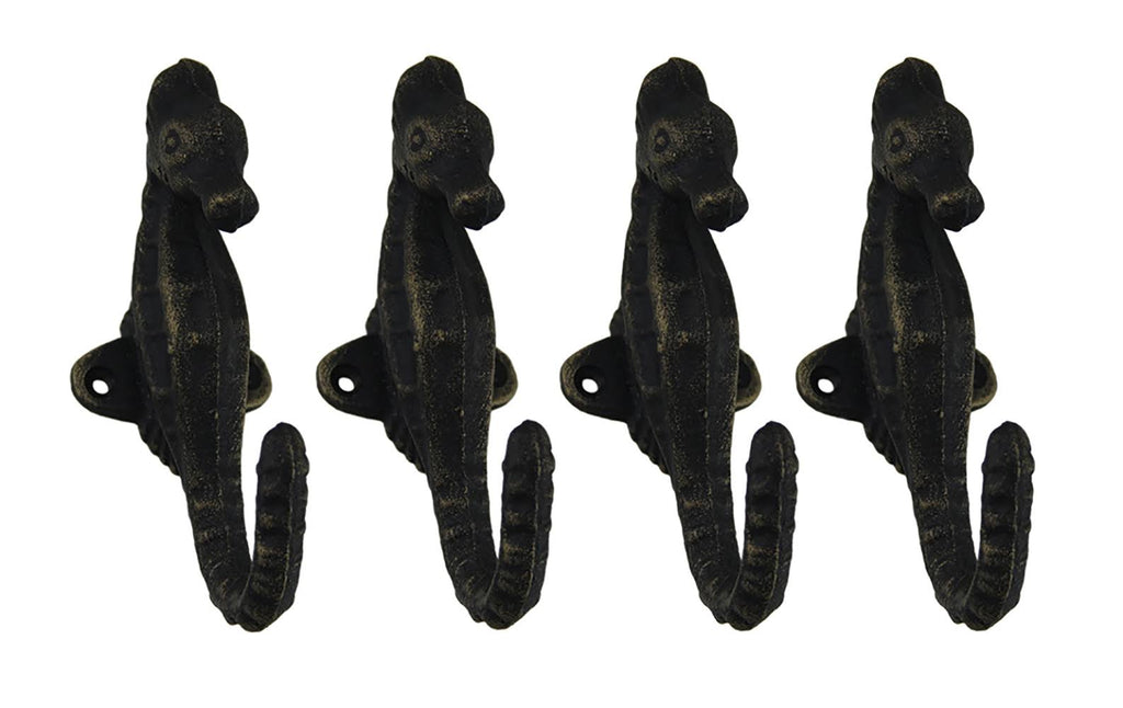 Set of 4 Faux Aged Bronze Finish Cast Iron Seahorse Wall Hooks V8017
