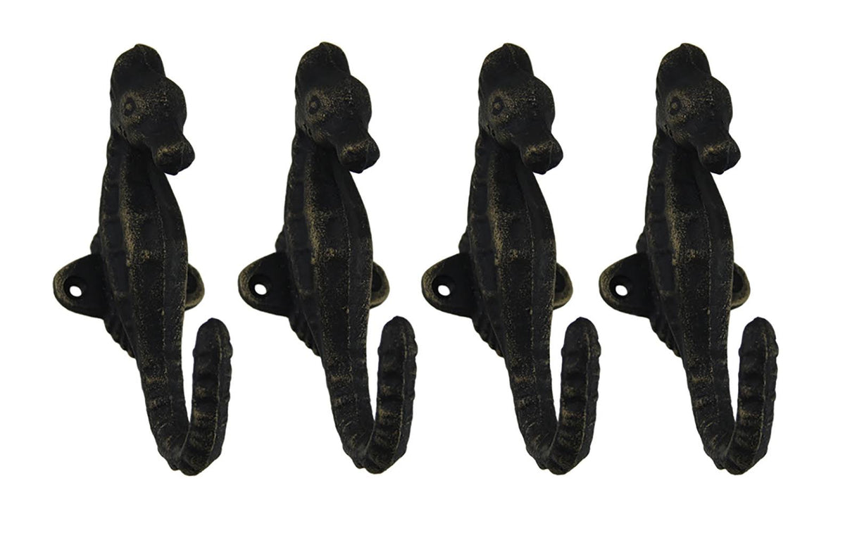 Set of 4 Faux Aged Bronze Finish Cast Iron Seahorse Wall Hooks V8017