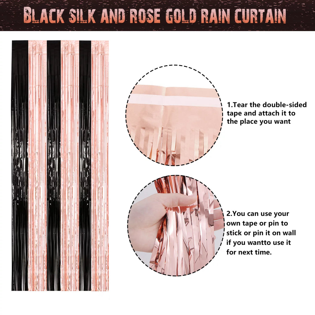 Rose Gold and Black Birthday Banner, Balloons, Fringe Curtains, Tablecloth and Cake Topper U34232