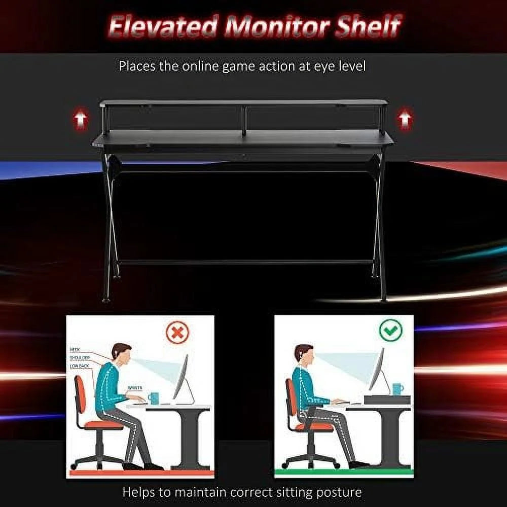 55 Inch Black Gaming Desk with Monitor Stand P57989