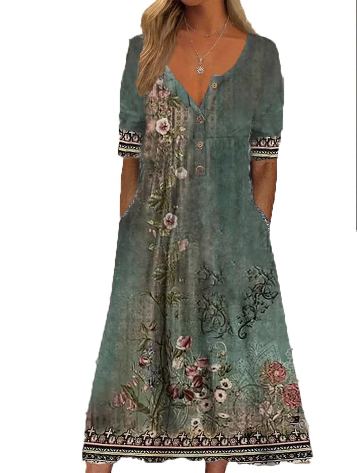 Women's Summer Floral Print Maxi Dresses Short Sleeve V Neck Casual Loose Dress with Pockets I831