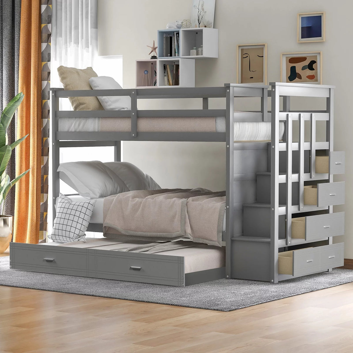 Twin Over Twin Solid Wood Bunk Bed with Trundle and 4 Drawers Y69371