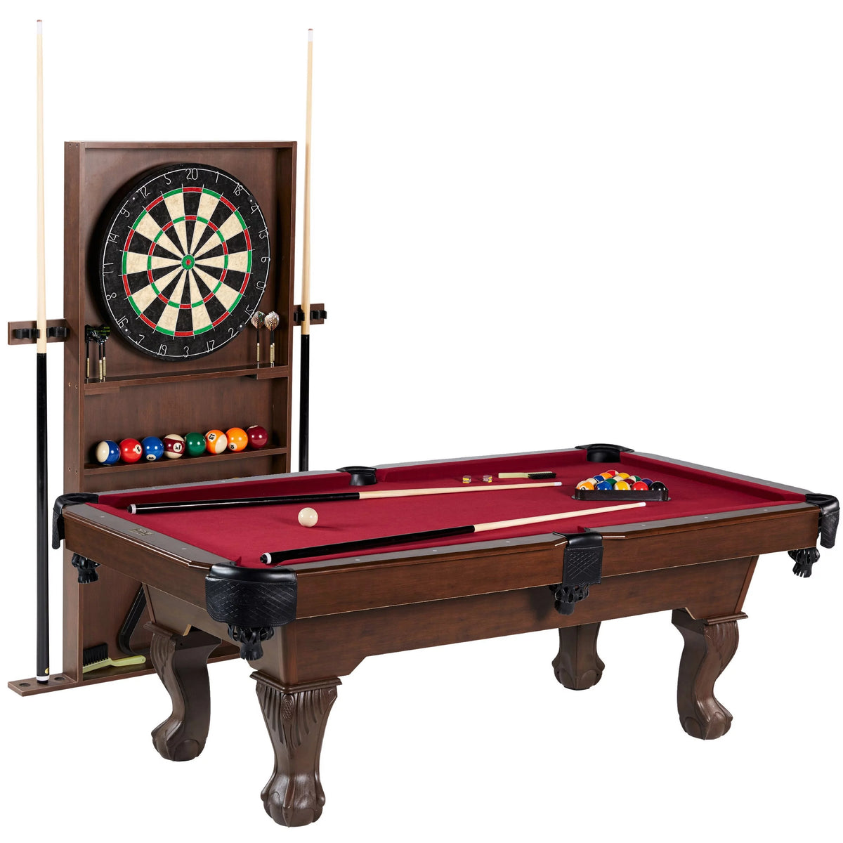 Burgundy Pool Table with Cue Rack and Dartboard Set I67912