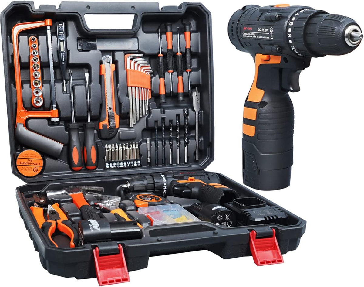 16.8V Cordless Drill with 91 Piece Tool Set and Plastic Toolbox A8790