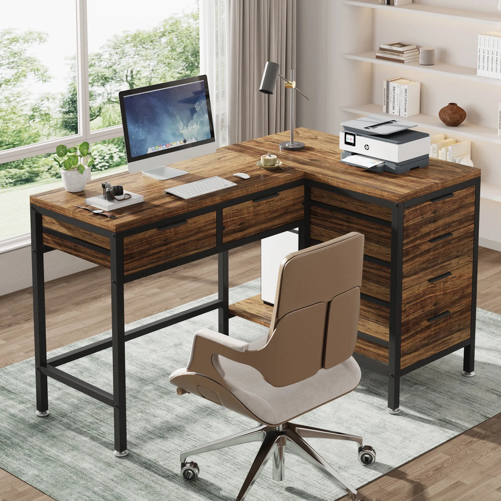 L-Shaped Desk with 6 Drawers, 47 in. Computer Corner Desk O79188