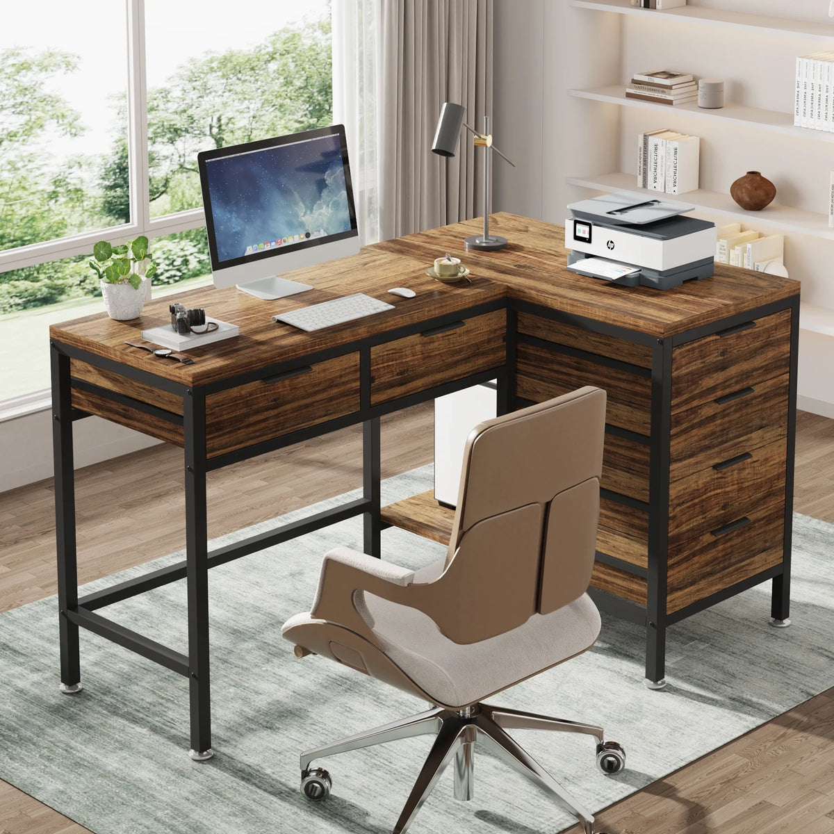 L-Shaped Desk with 6 Drawers, 47 in. Computer Corner Desk O79188