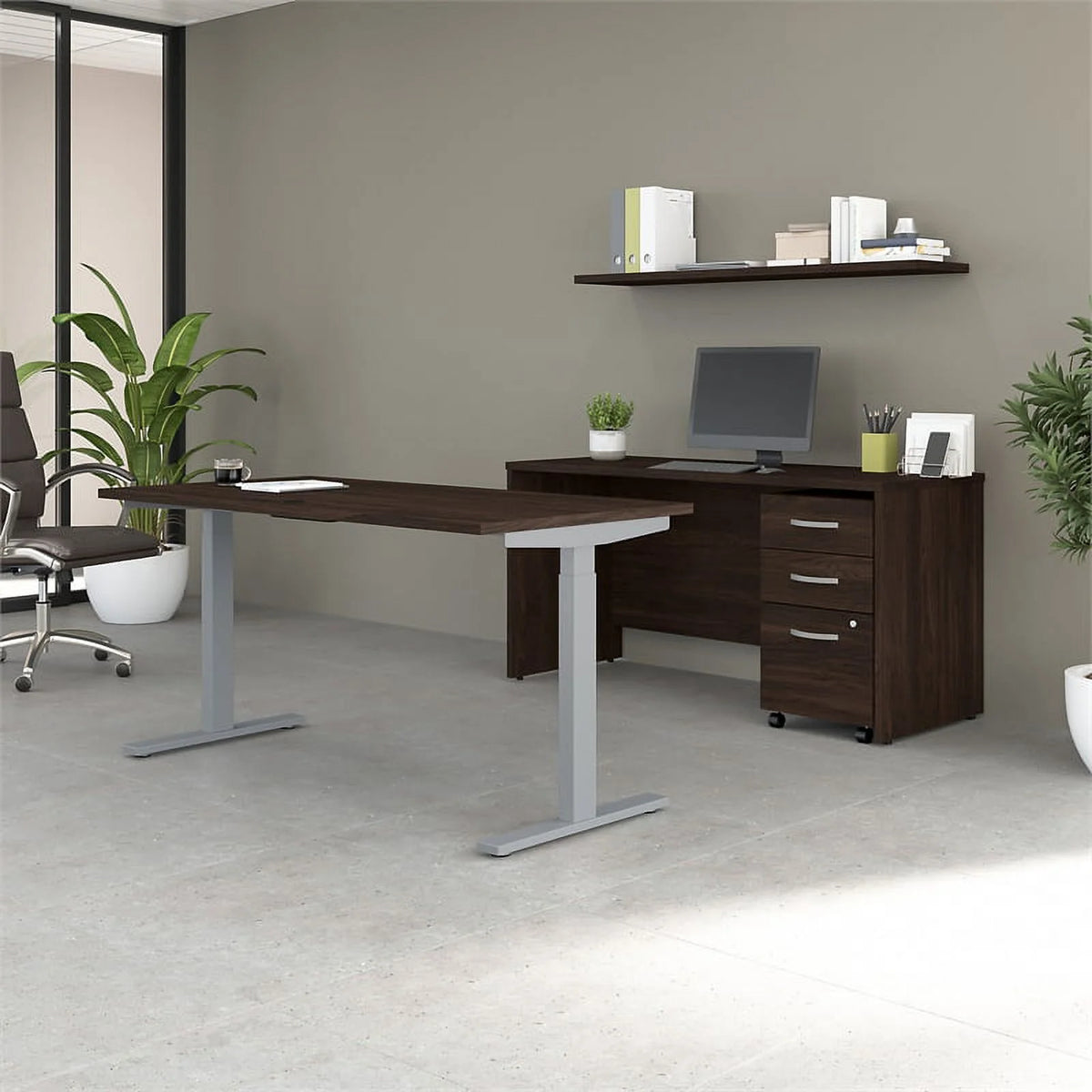 Black Walnut Engineered Wood Adjustable Standing Desk Set S3055