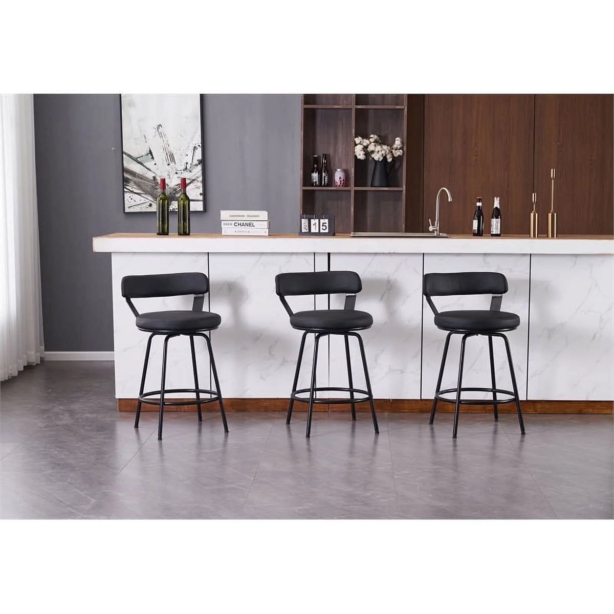 Black Faux Leather Swivel Counter Stool Set of 3 O651
