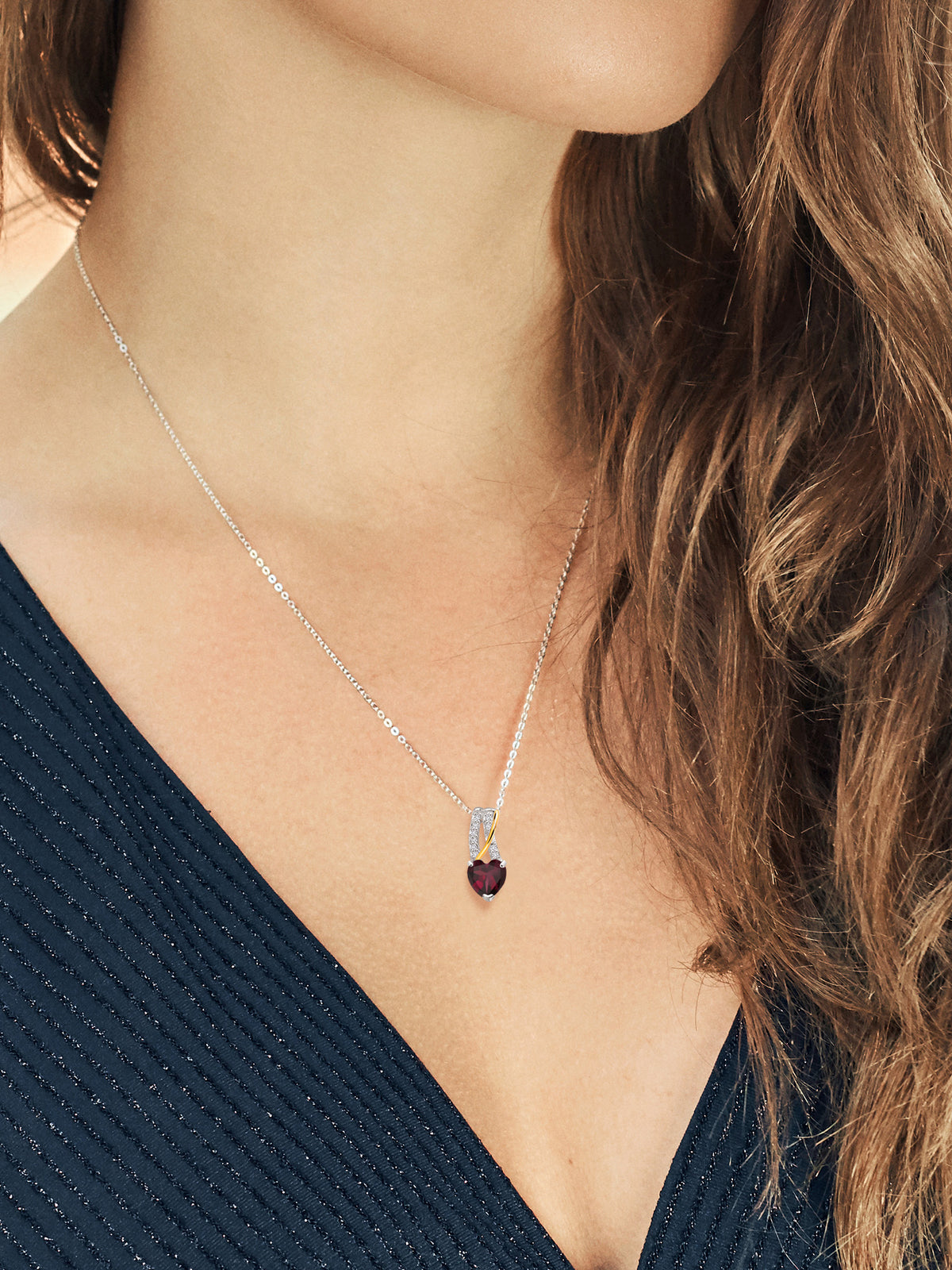 Red Rhodolite Garnet and White Lab Grown Diamond Pendant Necklace U778