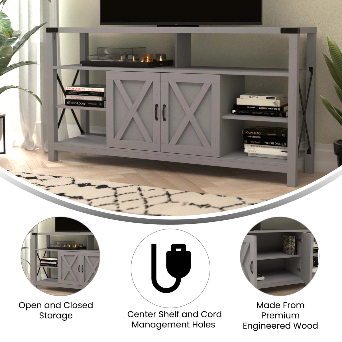 60 Inch Coastal Gray Media Console Cabinet S9155