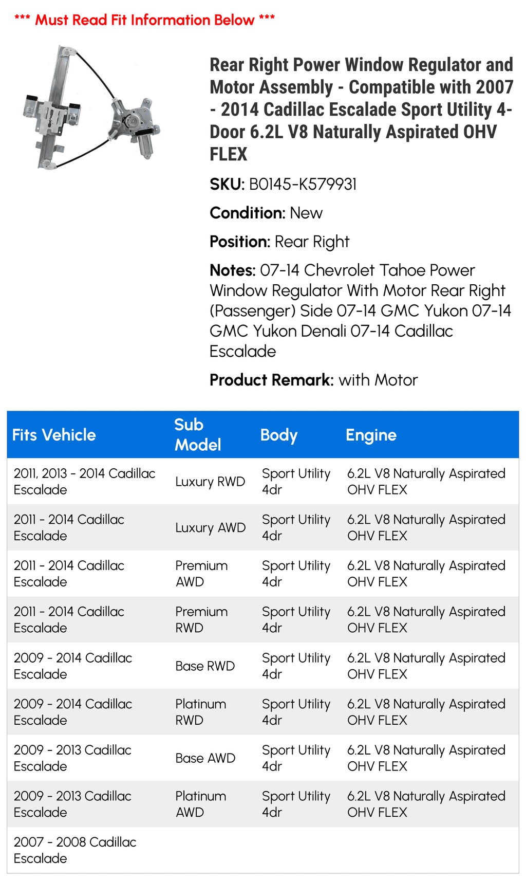 Rear Right Power Window Regulator and Motor Assembly N847485