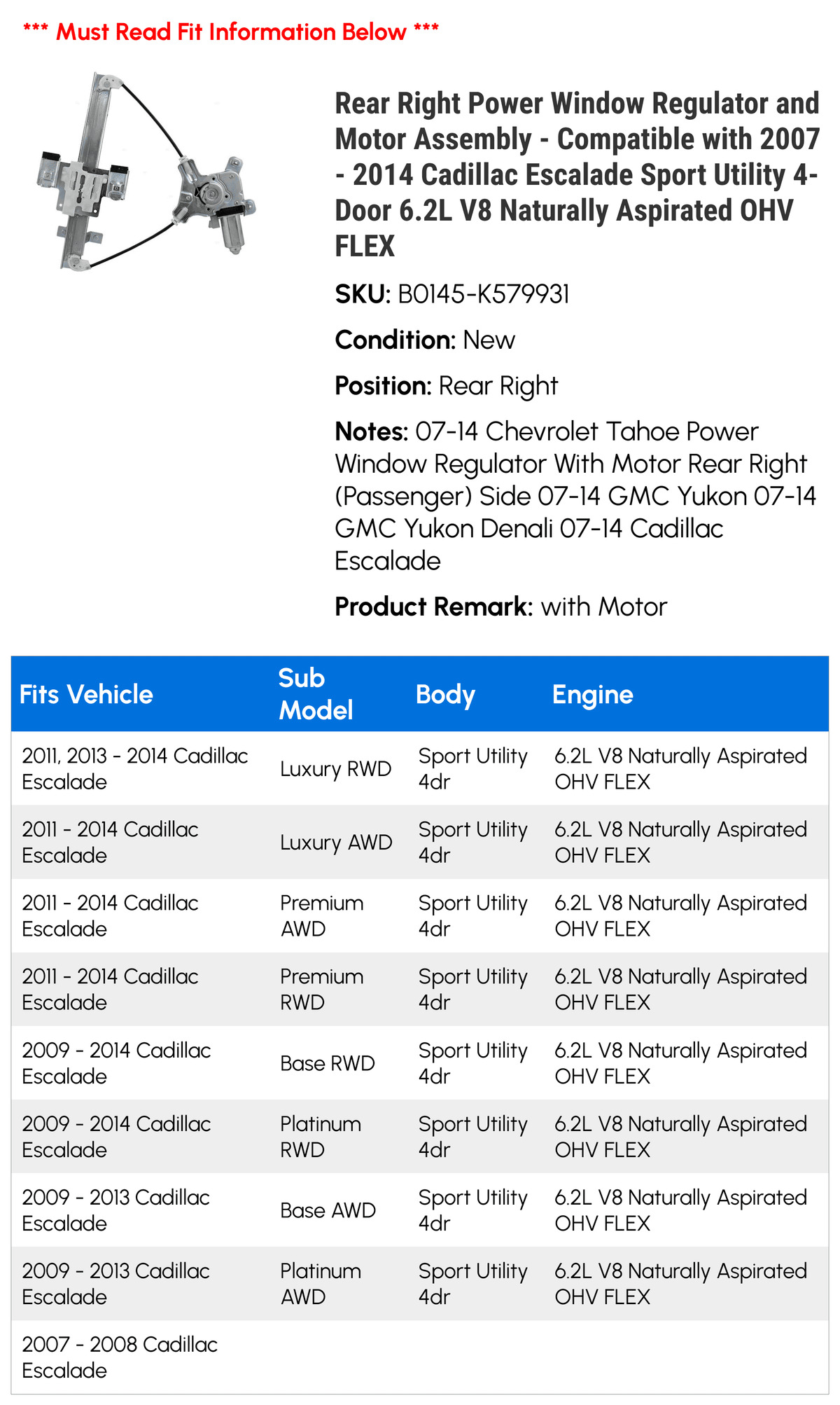 Rear Right Power Window Regulator and Motor Assembly N847485
