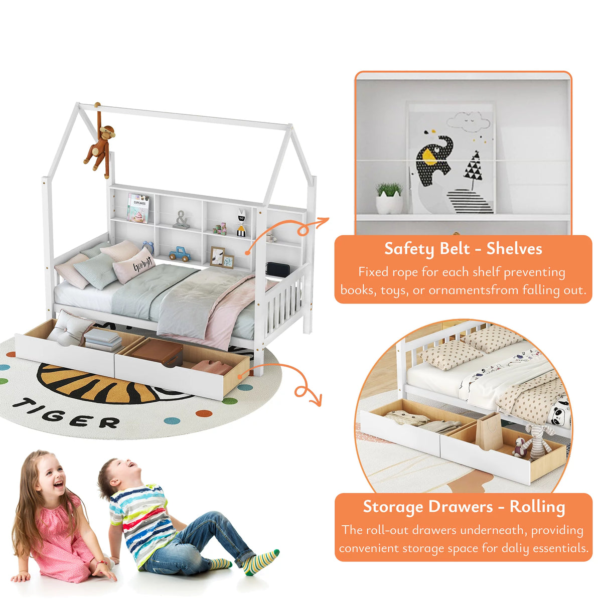 White Twin House Bed with Storage Drawers and Shelves U447