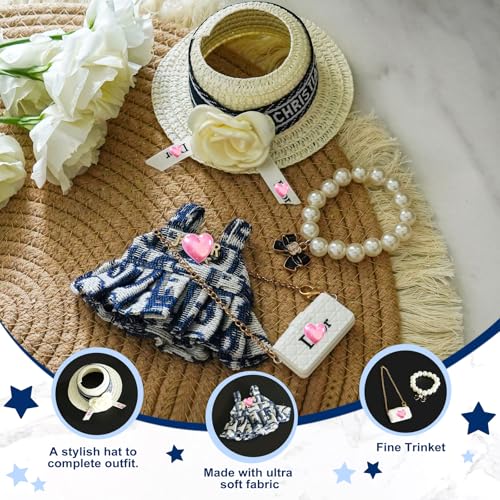 17cm Doll Clothes Set with Hat Pearl Necklace Bag Accessories Blue L840486