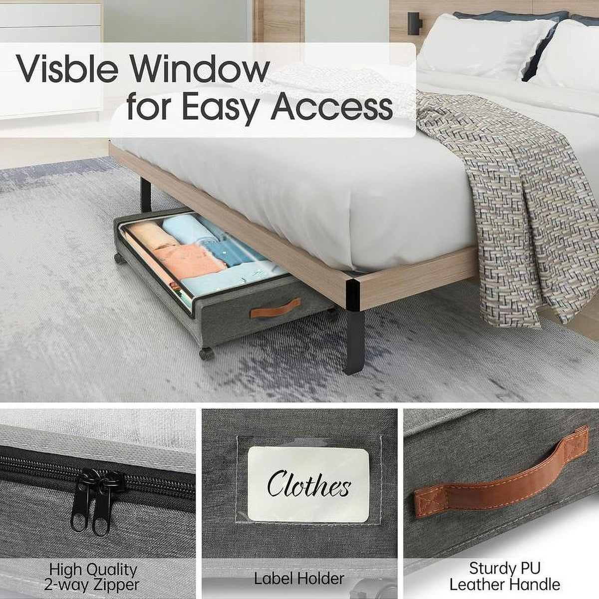 2-Pack Underbed Storage Boxes with Silent Wheels and Clear PVC Window C216373