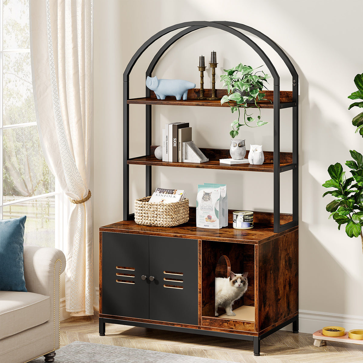 Cat Litter Box Enclosure Furniture with Shelves and Doors W417
