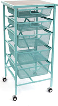 Turquoise Wheeled Folding Steel 5 Drawer Kitchen Cart Wood Top I93535