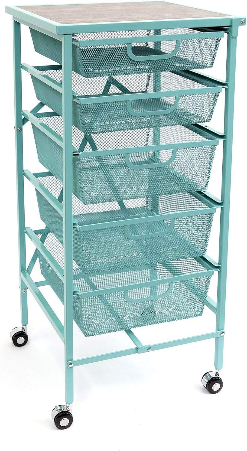 Turquoise Wheeled Folding Steel 5 Drawer Kitchen Cart Wood Top I93535