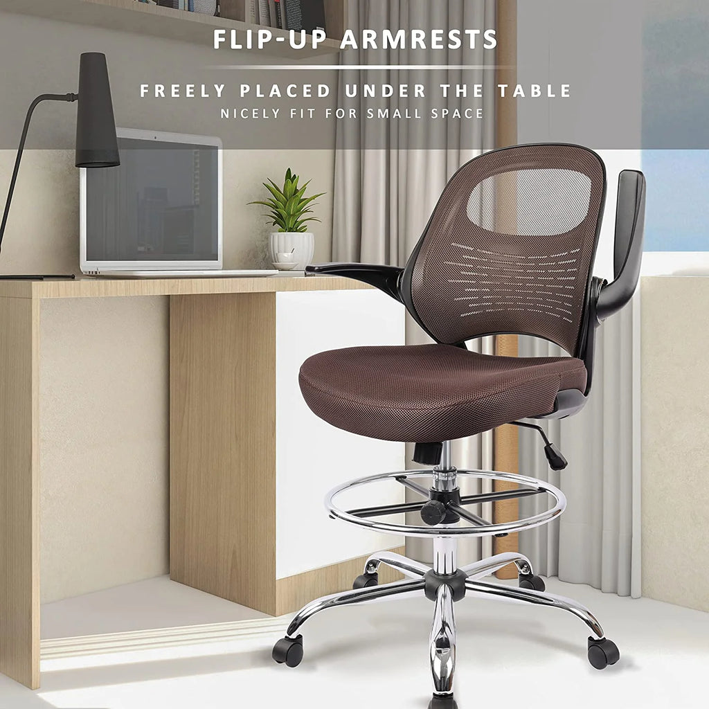 Brown Mesh Drafting Chair with Flip-Up Arms J741643
