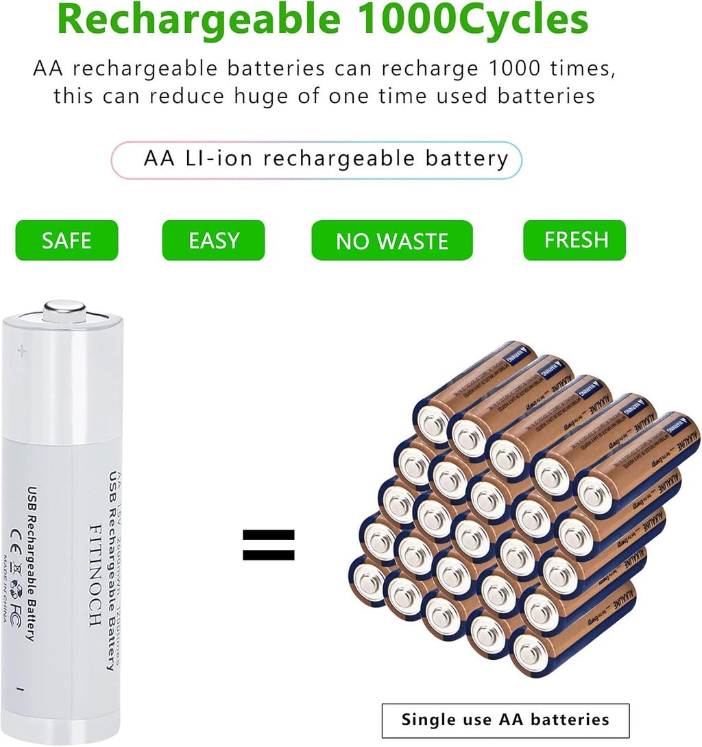 10 Pack Rechargeable AA Lithium Batteries with 4 in 1 USB Charging Cable C599405