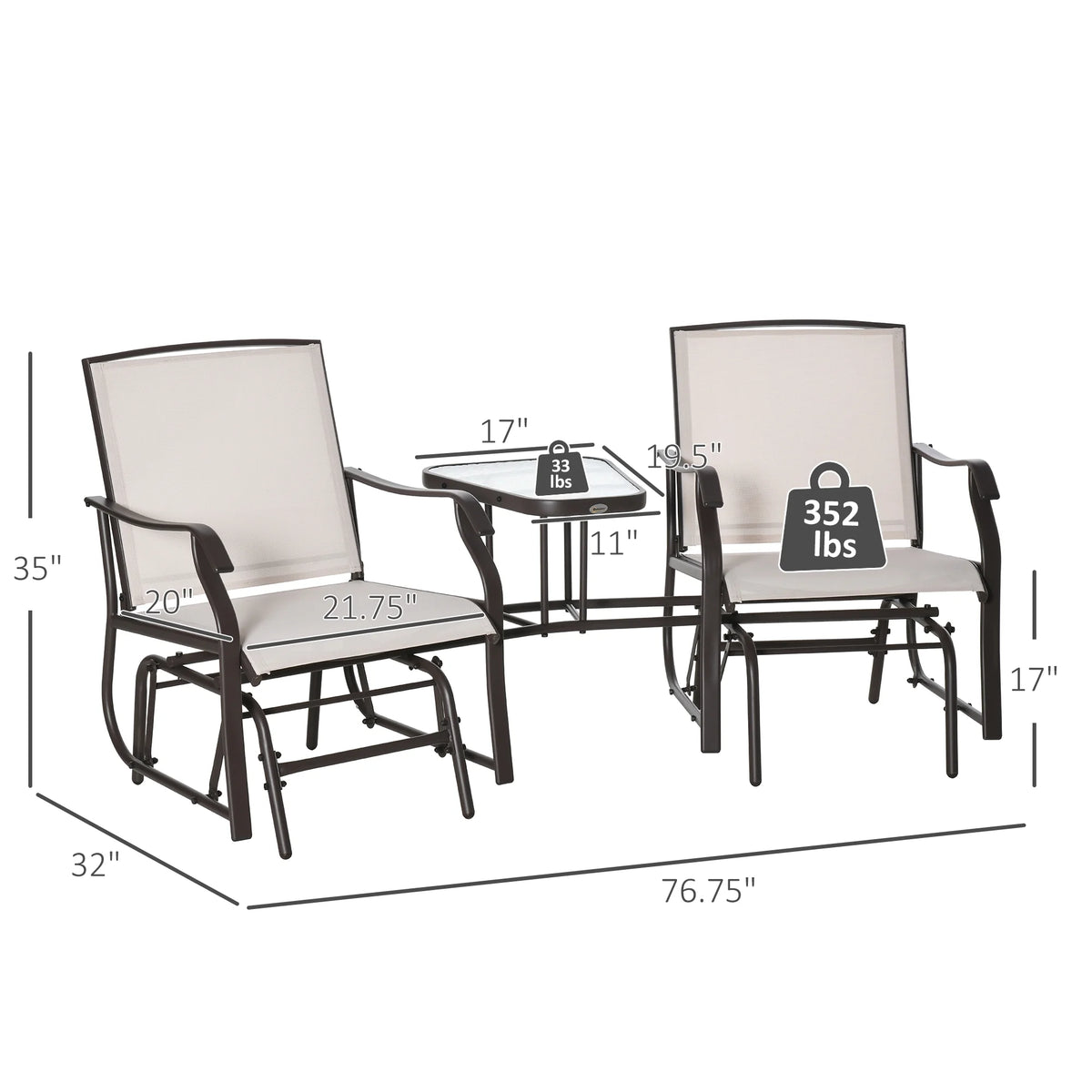 2 Person Sling Fabric Double Glider Rocker Chair with Table Q984